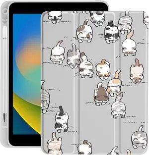 Cute Kawaii Cat for iPad 10.2 Inch 7th/8th/9th Gen Case 2019/2020/2021 with Pencil Holder, Foldable Leather Cover Case, Support Auto Sleep Wake
