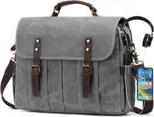 NerIion Messenger Bag for Men 15.6 Inch Vintage Canvas Genuine Leather Briefcase for Men Laptop Bag Satchel Shoulder Bag(Light Gray)