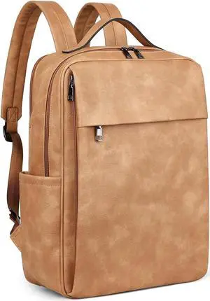 MASINTOR 15.6 inch PU Leather Laptop Backpack Purse for Women, Large College Casual Backpack Travel Bag Retro Camel
