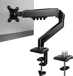 OffiGo Single Monitor Arm, Computer Monitor Stand for 15 to 32 Inch Screens, Fits 4.4 to 19.8 lbs, 75/100 mm VESA, Adjustable Gas Spring Monitor Mount with C-Clamp & Grommet Base, Black