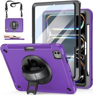 Case for iPad Pro 11 2024: TPU Cover for iPad Pro 11 Inch 5th Generation with Screen Protector- Stand- Handle- Shoulder Strap- Pencil Holder-Purple