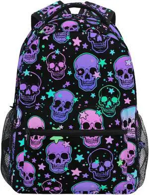 MNSRUU Student School Bag Stars Purple Skulls Backpack for Girls Boys College Bookbag Laptop Rucksack Travel Backpack for Adult Teen Casual Daypack