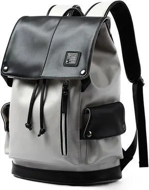 MOYYI Leather Laptop Backpack for Men Vintage Backpack Fits 15.6" Laptop Waterproof Drawstring Backpack for Travel Daily Business White