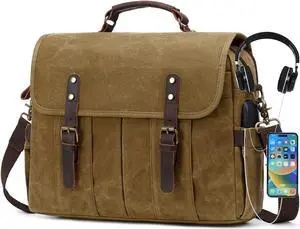 NerIion Messenger Bag for Men 15.6 Inch Vintage Canvas Genuine Leather Briefcase for Men Laptop Bag Satchel Shoulder Bag(Khaki)