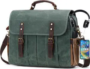 NerIion Messenger Bag for Men 15.6 Inch Vintage Canvas Genuine Leather Briefcase for Men Laptop Bag Satchel Bag (Green)