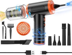 Opinta 3 in 1 Compressed Air Duster/Pump & Wireless Vacuum Cleaner - 3 Level Adjustable, 68W Power - Cordless Portable Air Blower with LED Light & 10 Kits for Keyboard, Car(VC016, Black+Orange)