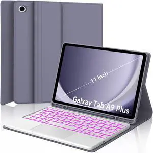 Keyboard Case for Samsung Galaxy Tab A9 Plus 11 Inch, 7-Color Backlit, Multi-Touch Trackpad, Magnetic Detachable Wireless Bluetooth Keyboard, Slim Folio Tablet Cover with S Pen Holder, Auto Sleep/Wake