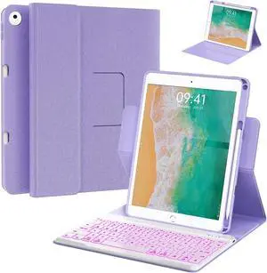 BLUTLOTUS Keyboard Case for iPad 9.7 inch 5th 6th Generation,360deg Rotatable iPad Air 2 Keyboard Case with Pencil Holder(2018/2017/2014),7 Color Backlit Removable Bluetooth Smart Folio Cover(Purple)