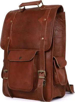 Jainque Handmade 16 Inch Brown Leather Backpack - Vintage Genuine Leather Backpack for Men and Women with Padded Laptop Compartment