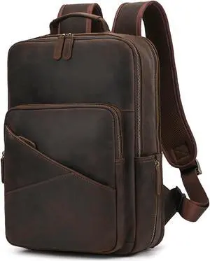 SAIION Vintage Full Grain Leather Backpack for Men, 16" Laptop Rucksack For Men Hiking Trave Work Business Bag, Dark Brown