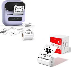 Phomemo M220 Label Maker Purple & 1 Roll White Thermal Label 2.175"x4"(54x101mm), Upgrade 3 Inch Barcode Portable Printer, for Office & Small Business, Compatible with Phones&PC