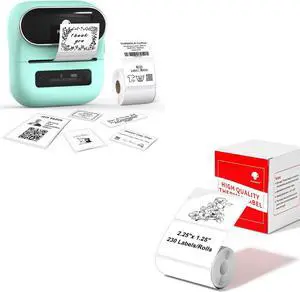 Phomemo M220 Label Maker Green & 1 Roll White Thermal Label 2.25"x1.25"(57x32mm), Upgrade 3 Inch Barcode Portable Printer, for Office & Small Business, Compatible with Phones&PC