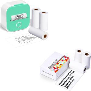 Ponek T02 Bluetooth Thermal Mini Printer + T02 Thermal Mini Sticker Printer Paper, White Non-Sticky Paper, Black On White Paper for Journal, to Do List, 53mm x 6.5m, 3 Rolls, Keep for 10 Years