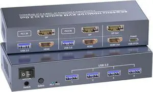 HDMI Displayport KVM Switch 2 Monitors 2 Computers, 8K60Hz 4K120Hz USB 3.0 Dual Monitor HDMI DP KVM Switch, 2 Port KVM Switch for Controlling 2 PC with 1 Set of Keyboard, Mouse and 2 Monitors