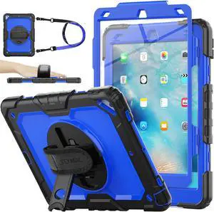 SEYMAC stock Case for iPad Air 3 2019 / Pro 10.5'' with Screen Protector Pen Holder [360deg Rotate Hand Strap/Stand], Drop-Proof Case (Blue+Black)
