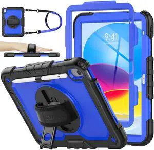 SEYMAC stock Case for iPad (A16) 11th/10th Generation 11''/10.9'' 2025/2022, Full-Body Drop Protection Case with Screen Protector &360deg Rotate Hand Strap/Stand, Blue+Black