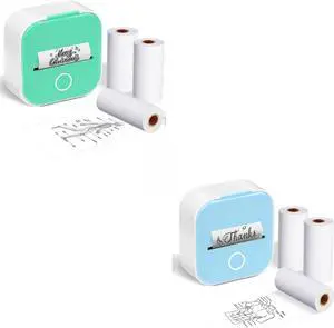 Ponek T02 Green Mini Pocket Sticker Printer (1 Printer + 3 Rolls Paper) + T02 Blue Mini Pocket Sticker Printer (1 Printer + 3 Roll Paper)