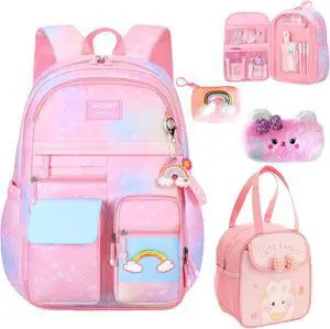 Psecoll 5Pcs Kawaii Backpack Set for Girls, Kids Pink Bookbag Rainbow Laptop Bag Water-Resistant Lightweight Daypack, Large Capacity School Backpack Gradient Double Shoulder Backpack (Pink)