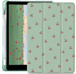 JOYLAND Cute Cherry Printed Case for 10.2 Inch iPad 9th/7th/8th Generation with Pencil Holder, Auto Wake/Sleep for iPad 2021/2020/2019 Shockproof Case, Trifold Stand Green Girly Case for Girls Kids