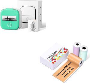 T02 Green Mini Pocket Sticker/Receipt Printer + T02/M02X/M02L Purple/Green/Orange Thermal Paper-20-Year Sticky 50mmx3.5m for Journal Photo