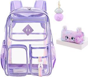 3Pcs Clear Backpack Set, Heavy Duty PVC Transparent Daypack 17in Laptop bag, See Through Large Capacity Double Shoulder Backpack with Plush Pencil Case Key Chain(Purple)