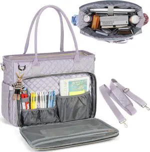 RAINSMORE Teacher Tote Bag 15.6 inch Laptop Bag for Women Work Bags Laptop Tote Nurse Bag Professional Computer Messenger with Insulated Pocket, Laptop Briefcase for Office, College, Gray Lilac