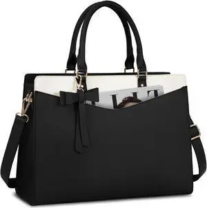 Rainsmore Laptop Tote for Women - 15.6 Inch PU Leather Professional Business Office Work Bag - Waterproof Briefcase Computer Tote - Large Lightweight Handbag Shoulder Bag, Black and Beige