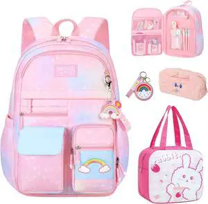 5PCS Kids Backpack Set Cute Student School Backpack for Girls, Kawaii Large Capacity Schoolbag Starry Rainbow Laptop Travel Bag, 16.5in Dreamy Gradient Daypack for Primary Elementary School, Pink