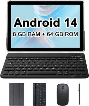 RUIQIAI Android 14 Tablet, 10.1 inch 2 in 1 Tablet with Octa-core Processor, 8GB RAM+64GB+1TB Expand, Long Lasting Battery, 2.4G/5G WiFi, BT, Dual Camera, Play GMS Certified