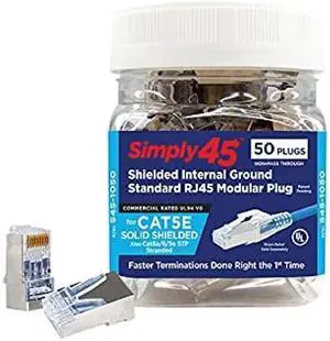 Simply45 Standard Shielded (Internal Ground) RJ45 Modular Plugs for Cat5e STP and 8-24AWG Cat5e/6/6a STP Stranded - Blue Tint, 3 Prong Pin Design - 50-Pieces - S45-1050