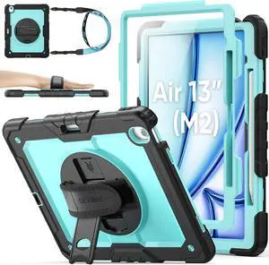 SEYMAC stock Case for iPad Air 13 inch Case M3/ M2 (2025/2024), for iPad Air 6th Generation, Heavy Duty Protective with Pencil Holder, Screen Protector, Stand, Hand Strap, Shoulder Strap, SkyBlue