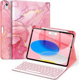 Soke for iPad (A16) 11th/10th Generation Case with Keyboard(2025/2022)-7 Color Backlight Wireless Detachable Folio Keyboard Cover with Built-in Pencil Holder for iPad 11/10.9 inch, Watermelon Marble