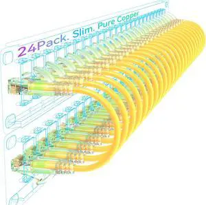 Sokqovt Cat6a Patch Cables Slim 10ft (24 Pack), Flexible Cat6 Ethernet Patch Cable 10G 550MHZ, 28AWG Pure Copper Cat6 Patch Cable for Network Cabinet, Cat 6 Patch Cable Yellow