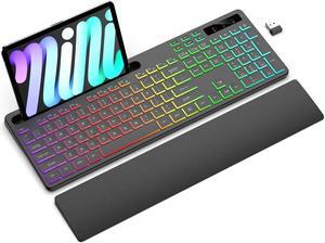 Soueto Wireless Keyboard with 7 Colors & 4 Modes RGB Backlit, Ergonomic Keyboard with Wrist Rest, Phone Tablet Holder, 2.4G Light Up Computer Keyboard with Numeric Keypad for Mac, Windows