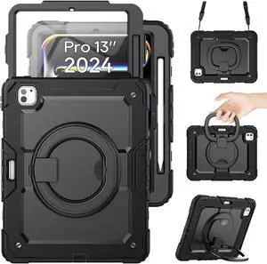 SCSVPN Case for iPad Pro 13 inch M4 2024 (7th Generation) with Screen Protector - Pencil Holder - 360deg Rotating Stand/Handle - Shoulder Strap, Full Drop Shockproof Protective Silicone Cover (Black)