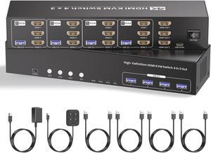 USB 3.0 Three Monitor HDMI KVM Switch, 4K60Hz 4 Port HDMI KVM Switch 3 Monitors 4 Computers, 4 PC Share 1 Set of Keyboard, Mouse, 3 Monitors and 4 USB 3.0 Ports