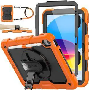 SEYMAC stock Case for iPad (A16) 11th/10th Generation 11''/10.9'' 2025/2022, Full-Body Drop Protection Case with Screen Protector &360deg Rotate Hand Strap/Stand, Black+Orange
