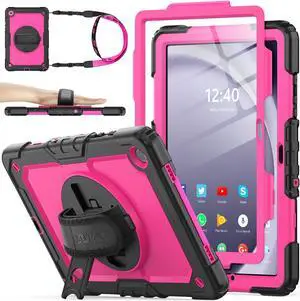 SEYMAC stock Case for Samsung Galaxy Tab A9+ Plus 11'', Full-Body Drop Protection Case with Screen Protector Pencil Holder [360deg Rotating Hand Strap] &Stand, Pink+Black