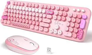 Wireless Keyboard and Mouse, SQMD Colorful Typewriter Retro Keyboard with Round Keycaps, 2.4GHz USB Full-Size Keyboard and Mouse Set for Mac PC Desktop Laptop (Pink Colorful)