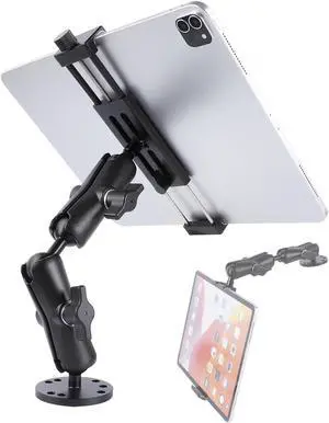 All-Aluminum Heavy Duty Drill Base Tablet Holder Mount for 4.7"-15" iPad Pro,Mini,Samsung Galaxy Tab, Surface, 360degAdjustable 2-Stage Arm Car Stand for Truck Dashboard Wall Desk Commercial Vehicle