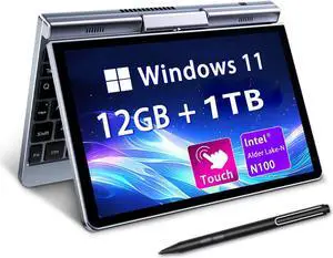 KOOTIGERS 8" Mini Laptop, 2-in-1 Laptop Tablet Small Laptop Computer HD Touchscreen Pocket PC,Windows 11 Pro, Intel N100 4-Core, 12GB LPDDR5 RAM, 1TB M.2 SSD, WiFi 6, Gigabit Ethernet
