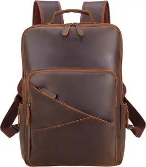 STAR VISTA 15.6" Trajan Vintage Full Grain Leather Laptop Backpack for Men, Multi Pockets, Casual Outdoor Business Travel Rucksack, YKK Zippers, Dark Brown