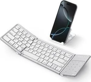 SODI Foldable Keyboard with Touchpad, Portable Wireless Keyboard with Phone Holder, Rechargeable Bluetooth Travel Keyboard for iPad, iPhone, Mac, iOS Tablets Slim Pocket Folding, White