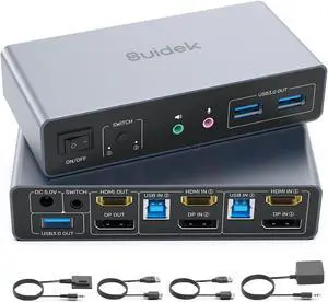 SUIDEK HDMI Displayport KVM Switch, 2 Computers 2 Monitors 4K@60Hz KVM Switcher Dual Monitor for 2 PC, 3 USB 3.0 Ports Support Extended/Mirror Mode with Desktop Controller&2 USB Cables&Power Adapter