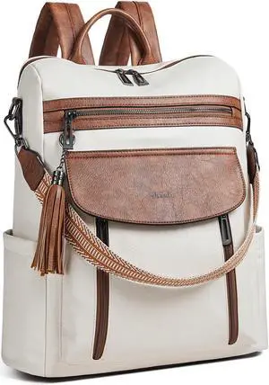 Shrrie Laptop Backpack for Women 15.6 inch,Travel Leather Backpack Purse Nurse Teacher Carry on Backpack Computer Bag,Professional Water-Resistant College Business Work Casual Daypack,Beige with Brown