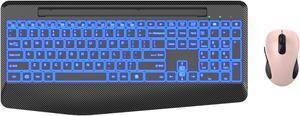 Wireless Keyboard and Mouse with 7 Color Backlits, Wrist Rest, Phone Holder, 2.4GHz Ergonomic Mouse and Keyboard with Full Size, Silent Keys, Lighted Keyboard for Windows, MacBook, PC, Laptop