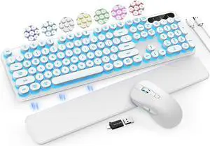 Wireless Keyboard and Mouse Backlit - Typewriter Keyboard with Retro Round Keycaps, Detachable Wrist Rest, Light Up Letters, 2.4G Rechargeable Combo for Mac, Windows, PC, Laptop, Trueque (White)