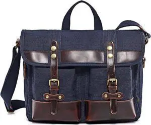 TSD Brand Valley Trail Canvas Messenger Bag Crossbody Vintage Satchel Bag, Water Resistant Canvas Briefcase Computer Bag Shoulder Bag for College Travel Business Women Men(Denim Blue)