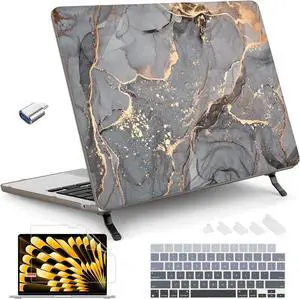 Tuiklol Case for MacBook Air 15 inch 2025 2024 2023 Model A3241 M4 / M3 A3114 / M2 A2941, Bracket Hard Shell Case with Keyboard Cover for MacBook Air 15.3 Cover, Grey Marble