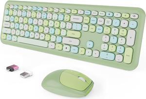 Wireless Keyboard and Mouse Combo, Colorful Ergonomic Full Size Retro Low-Noise Keyboard with Cute keycaps, Compatible with Windows, PC, Perfer for Home and Office Keyboards (Green)